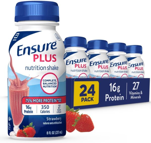 Ensure Plus Strawberry Nutrition Shake, Meal Replacement Shake, 24 Pack